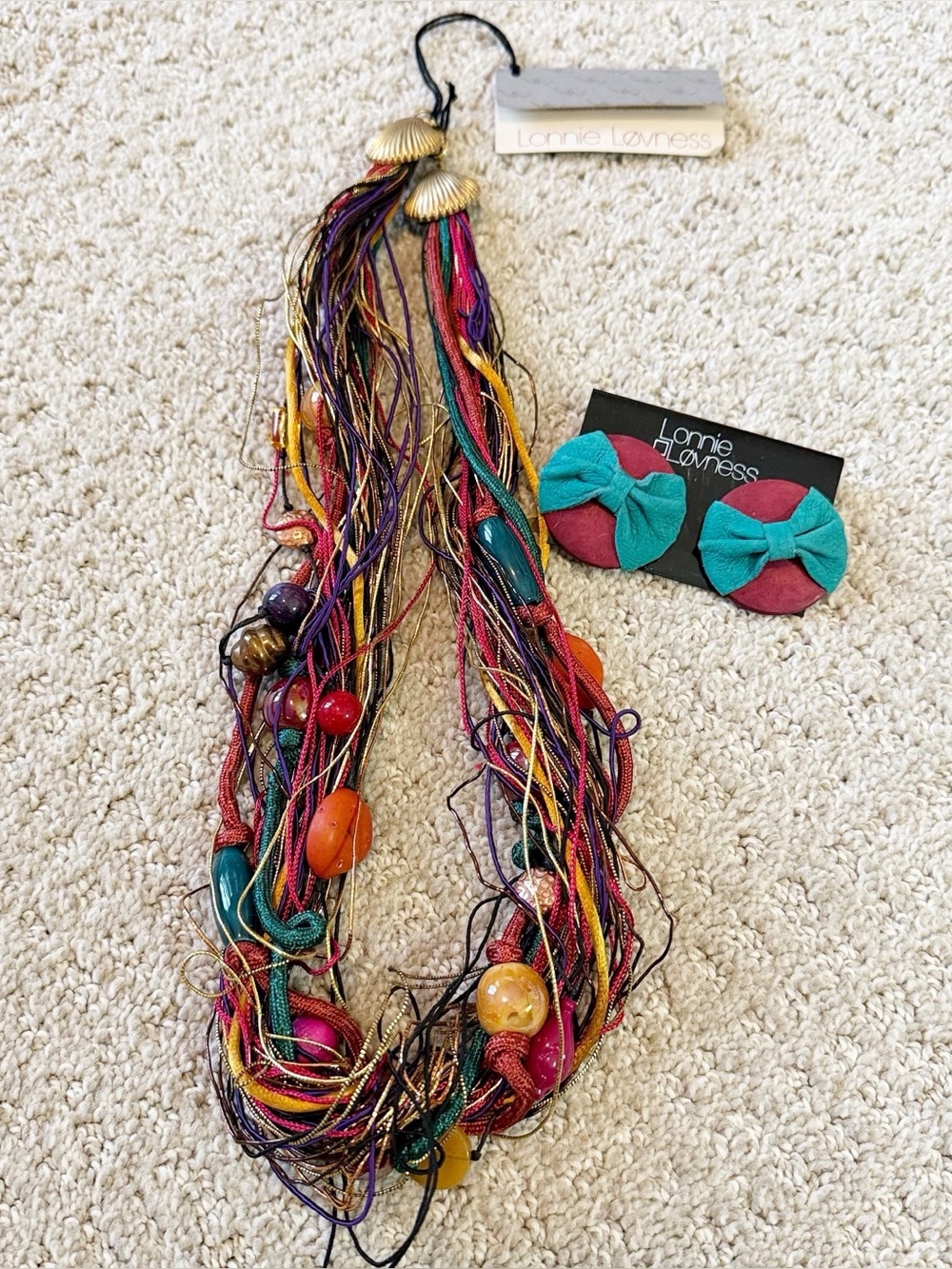 Lonnie Lovness Multi-Strand Necklace Turquoise Beaded Burgundy w/Earrings NEW